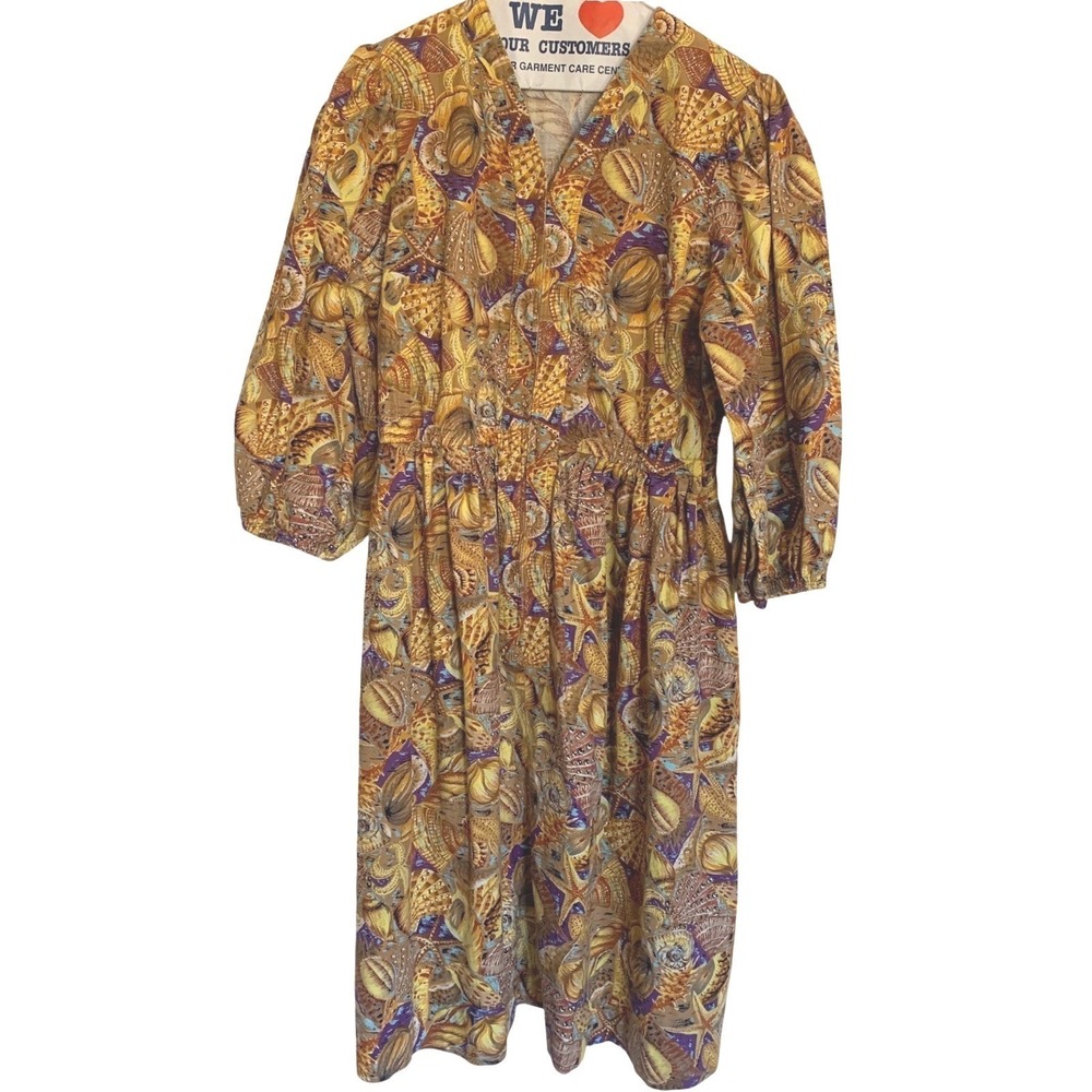 Seashell Starfish Beach Print Midi Dress Womens L Vintage 1990s Pockets House